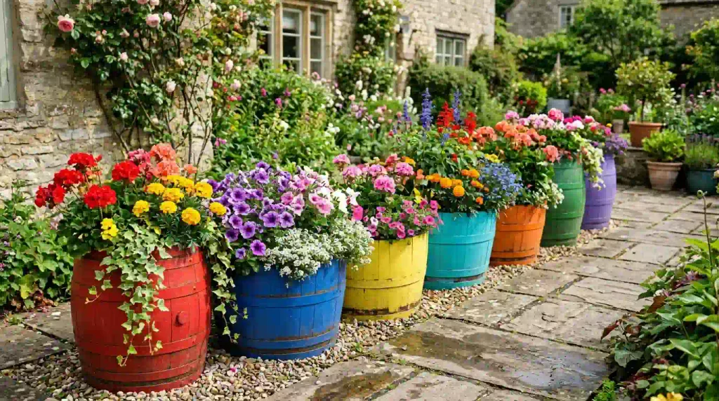 Colorful Barrel Planter Display