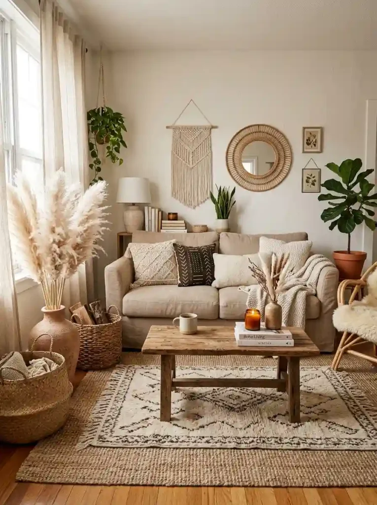1.Neutral Boho Living Room With Layered Textures 