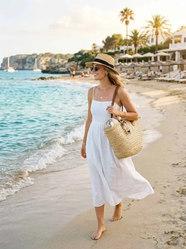 White Sundress with Straw Accessories