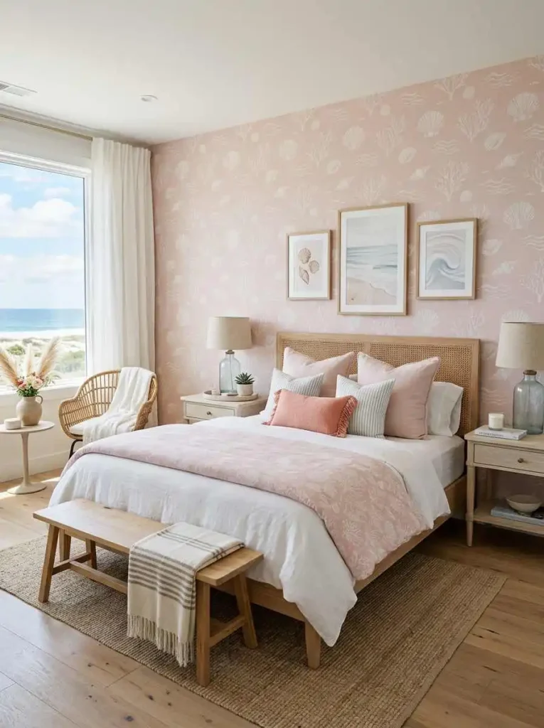 Coastal Bedroom with Pink Wallpaper