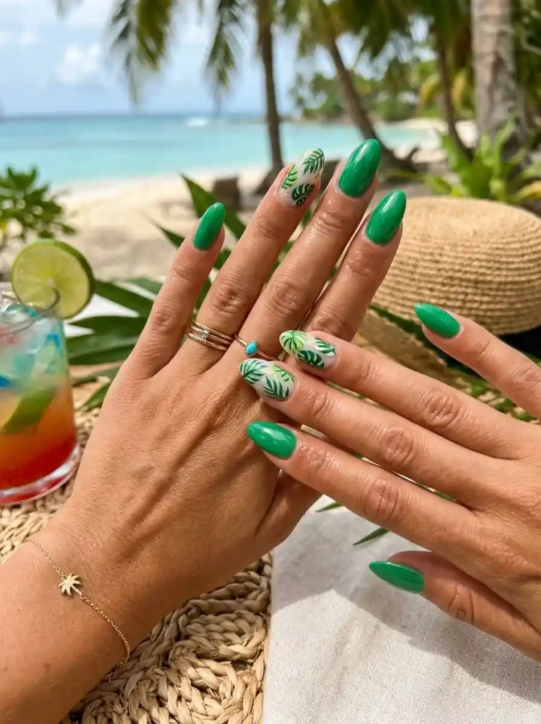 13.Tropical Palm Leaf Nails