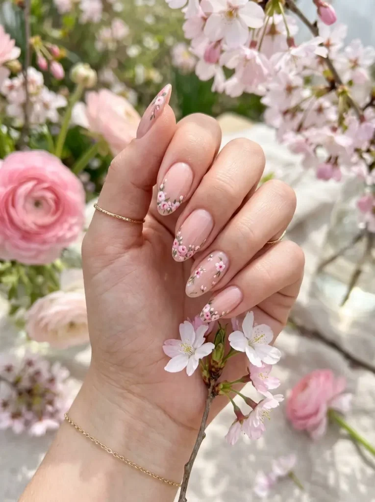 14.Floral Pink French Nails