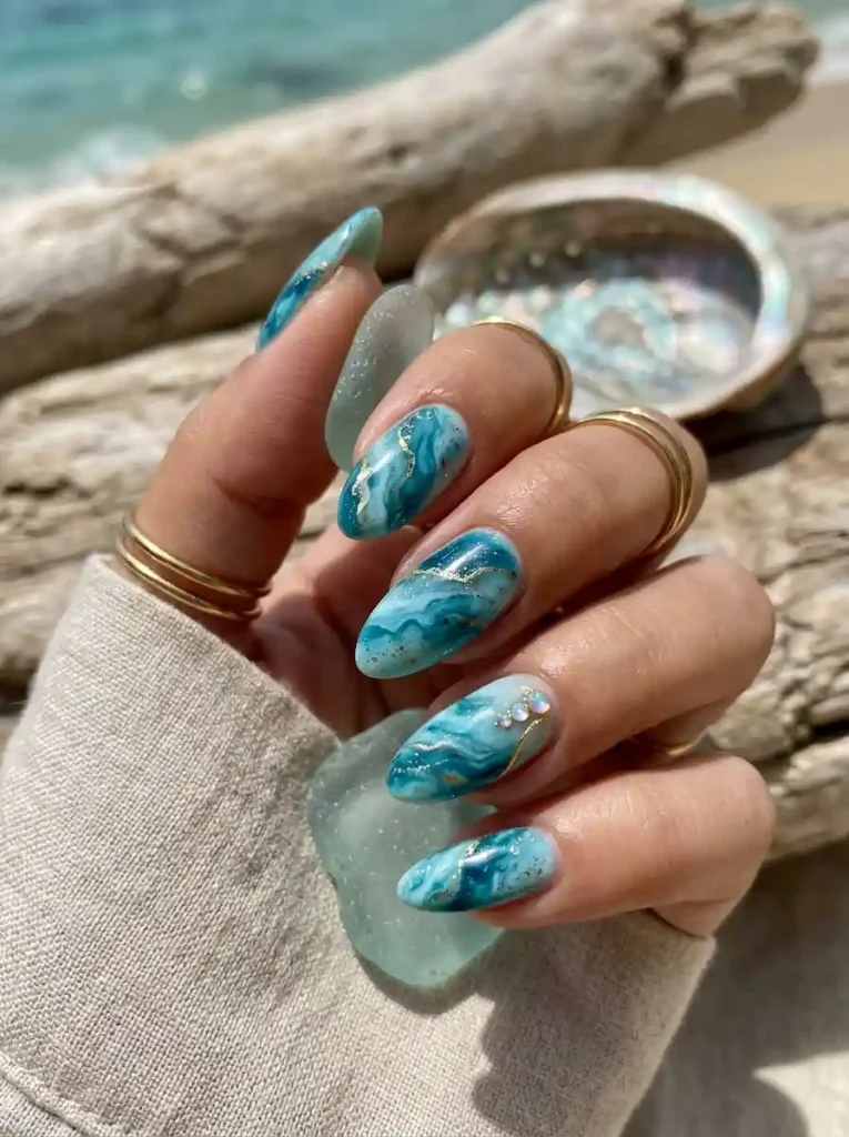 14.Turquoise Marble Nails