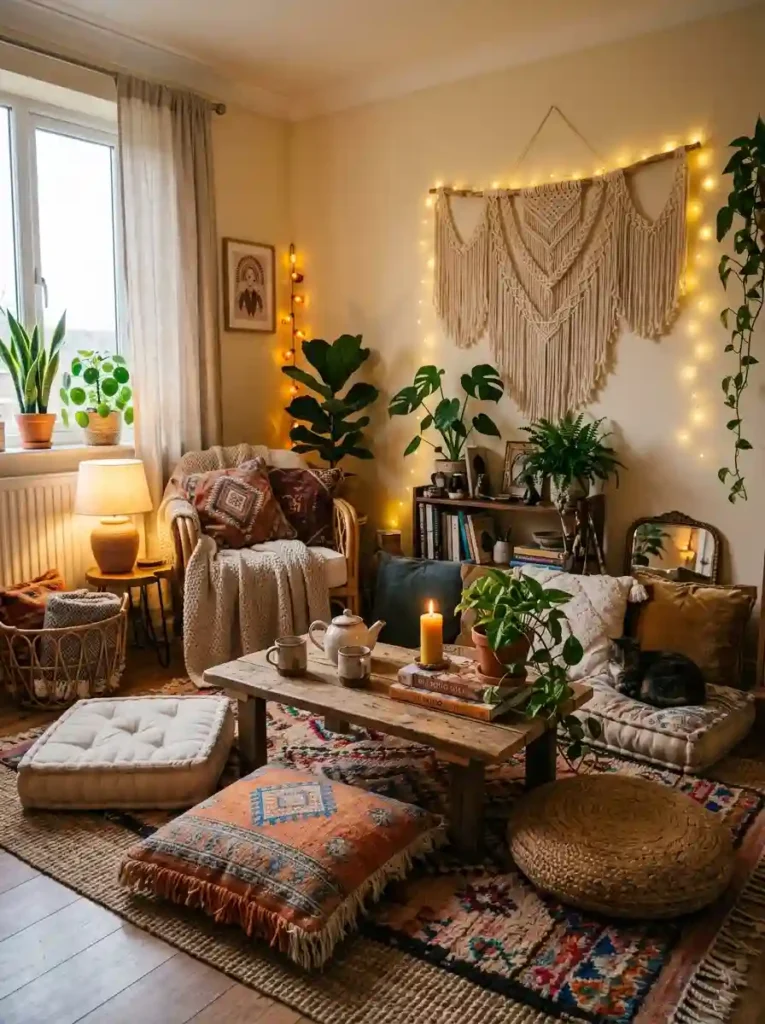15.Boho Living Room With Open Shelving