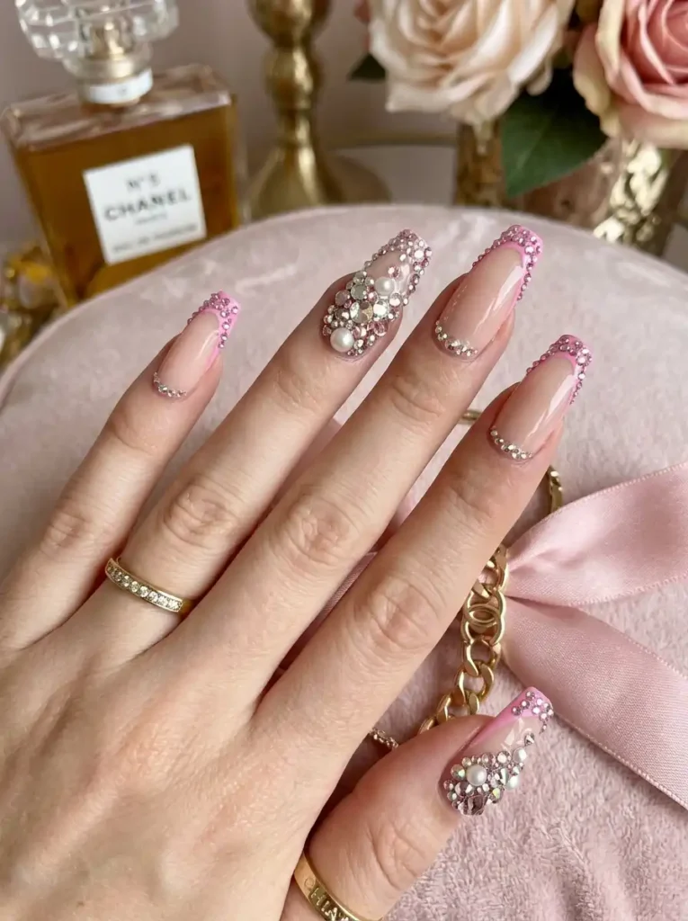 15.Rhinestone Pink French Tips