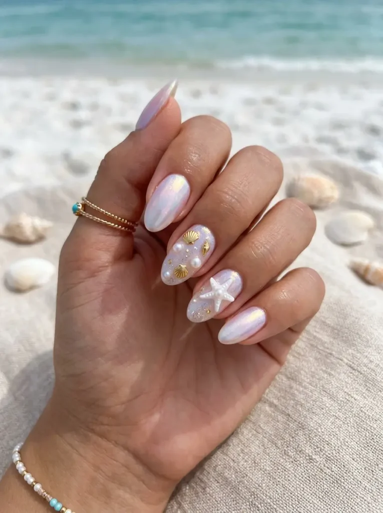 16.Seashell Pearl Nail Design