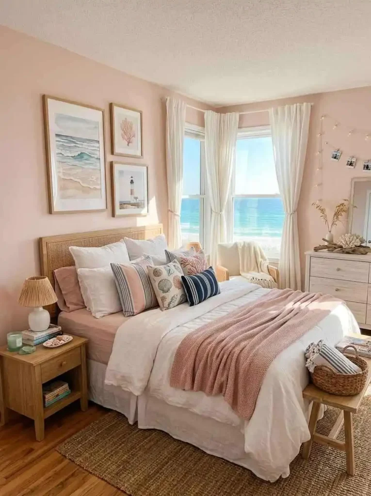 PinkCoastalBedroomwithOceanArt