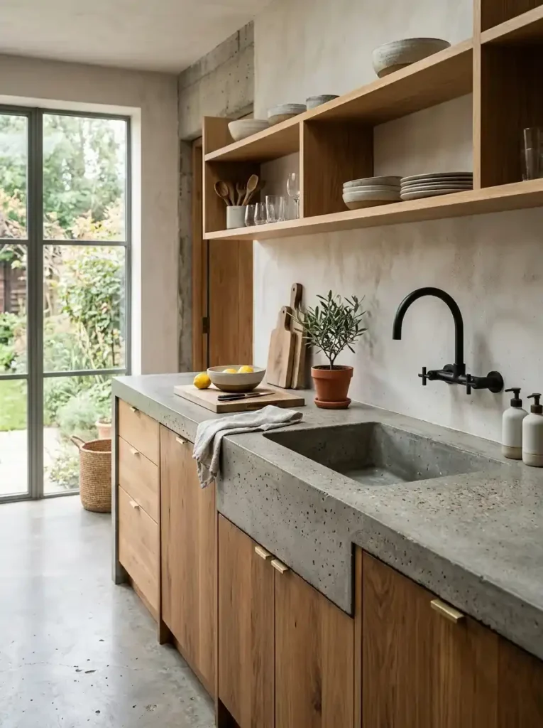 Raw Concrete Countertops with Wood Pairings