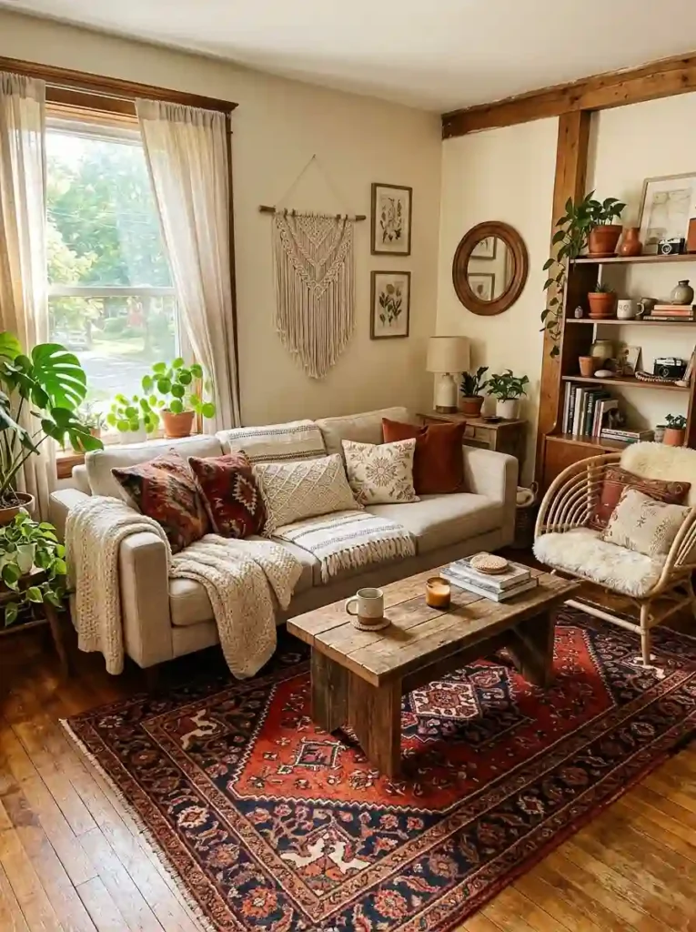 18.Boho Living Room With Statement Rug