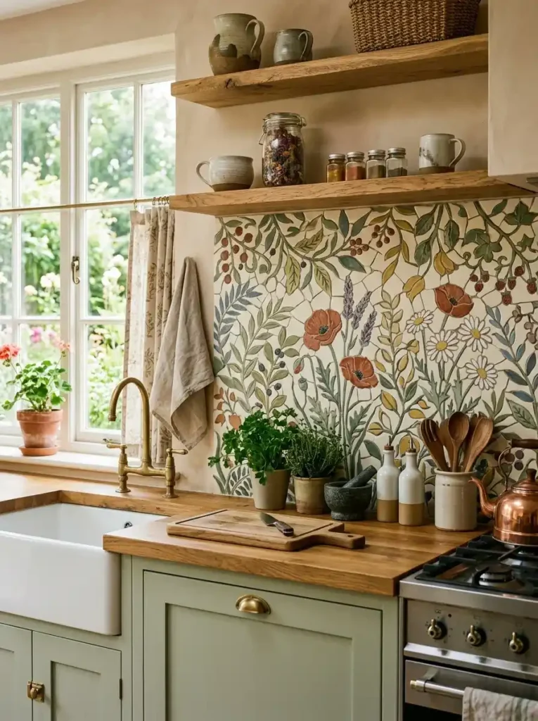 Hand-Painted Botanical Tile Backsplash