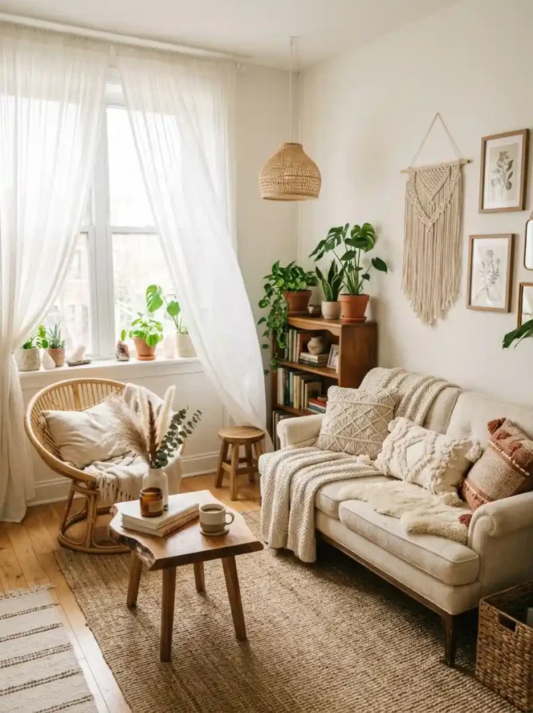 19.Dreamy Boho Living Room With Sheer Curtains