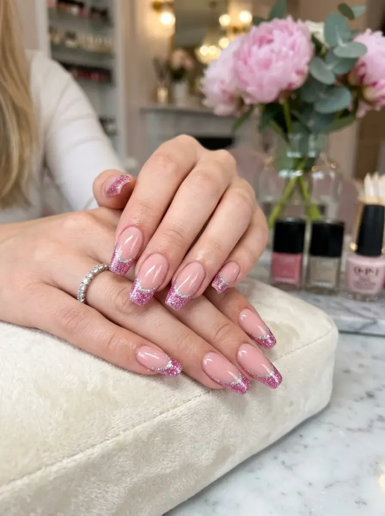 2.Glitter Pink French Tip Nails