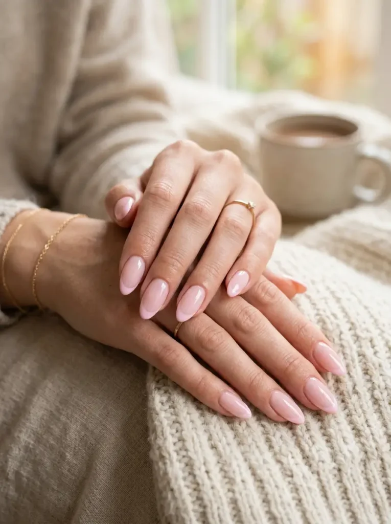 3.Baby Pink Almond French Nails