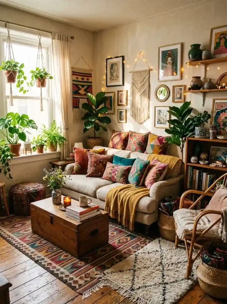 3.Boho Living Room With Hanging Plants