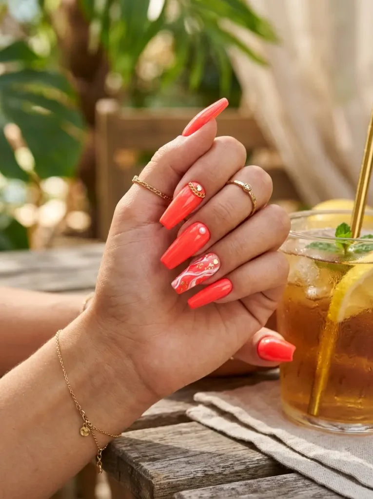 6.Bright Coral Coffin Nails