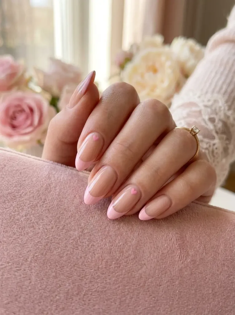 6.Pink French Tips with Tiny Hearts