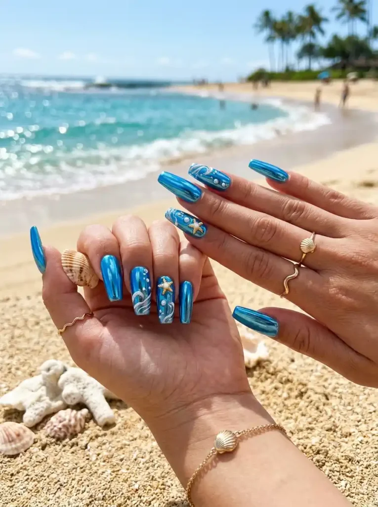 7.Blue Chrome Beach Nails