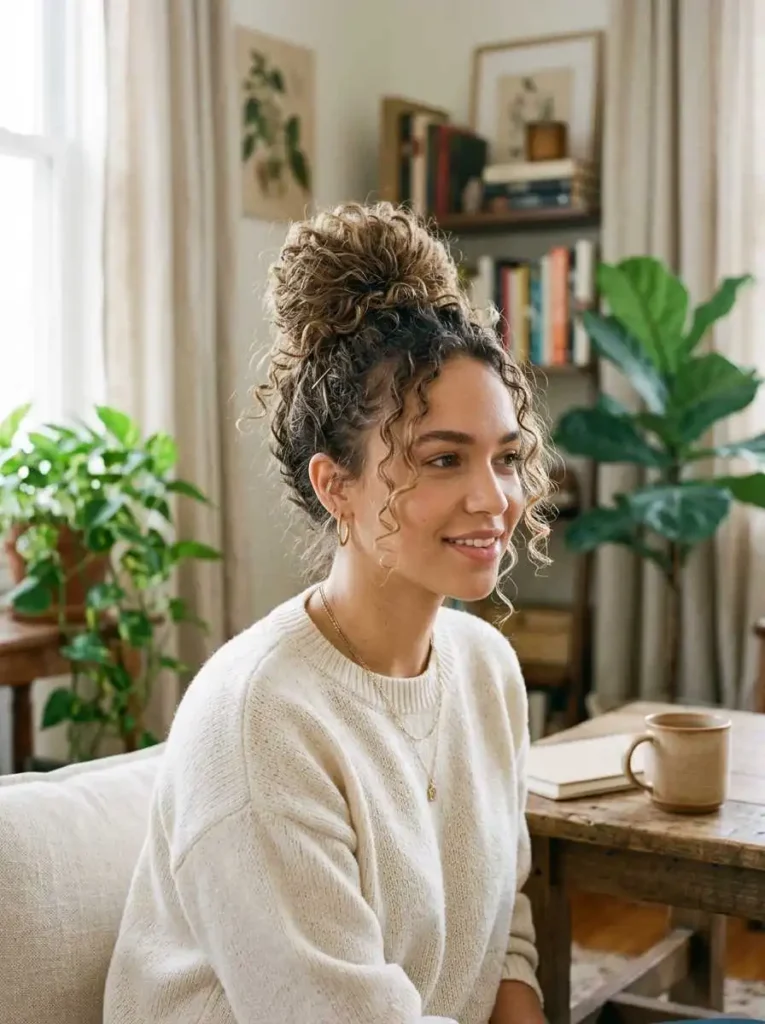 Curly High Bun with Volume