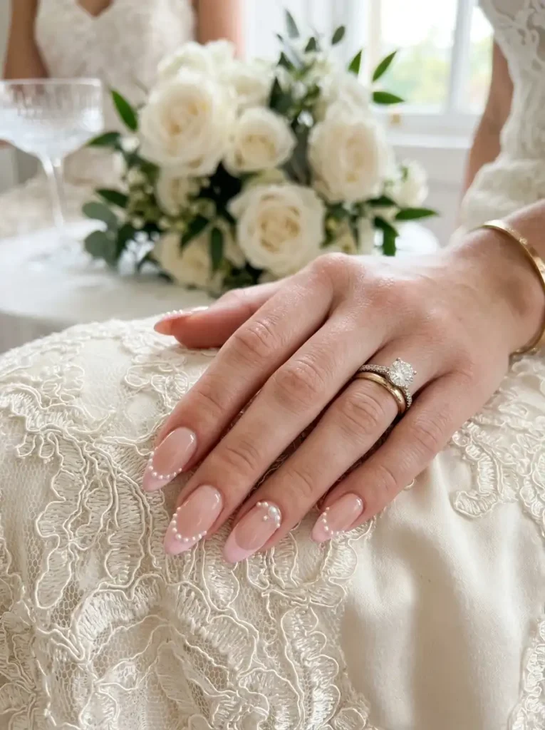 9.Pink French Tips with Pearls