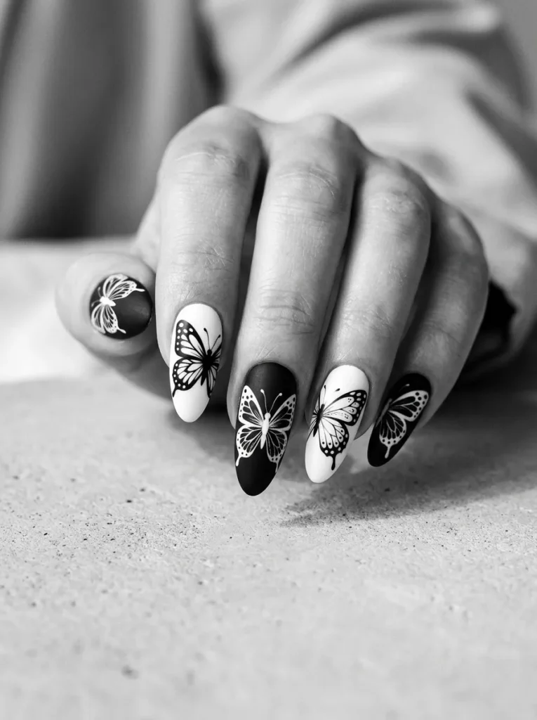 BlackandWhiteButterflyNails