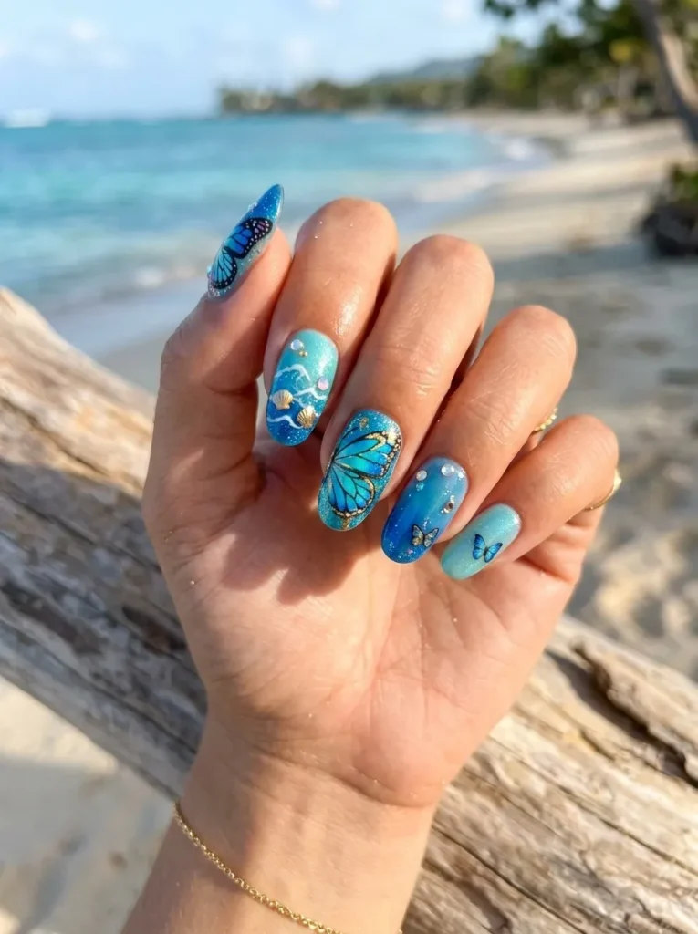 BlueOceanButterflyNails