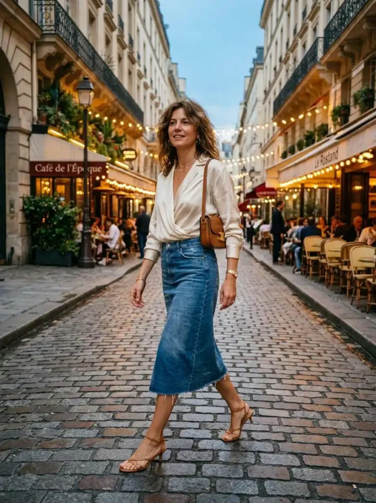 Denim Midi Skirt + Elegant Blouse