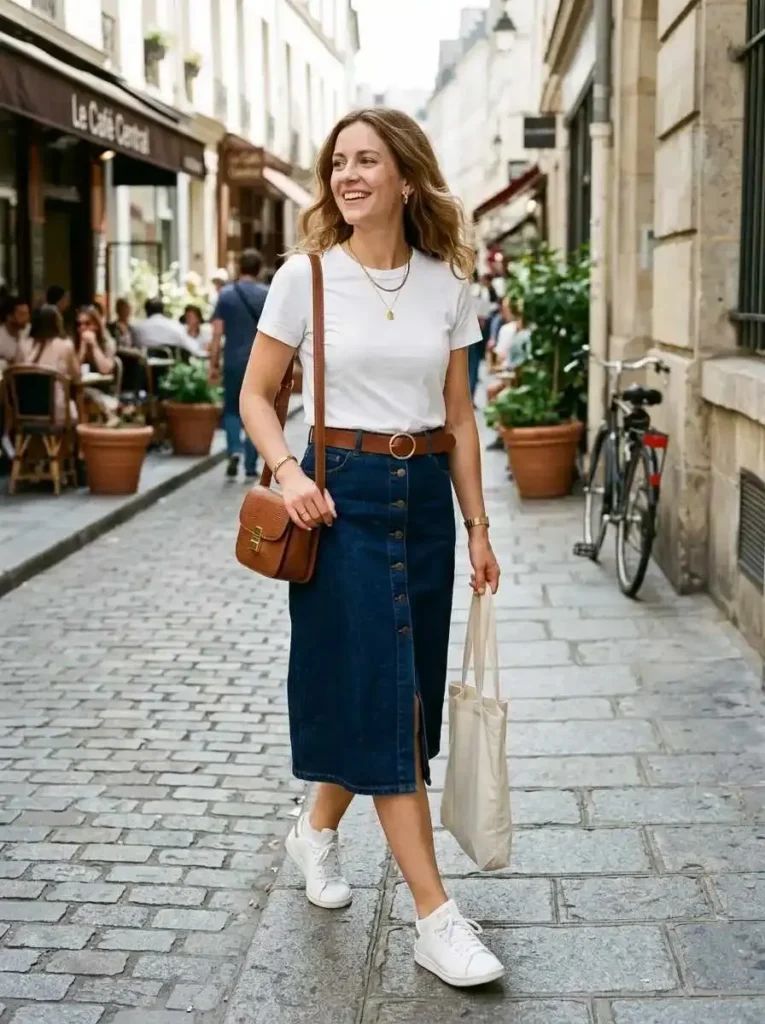 DenimMidiSkirtElevatedWhiteTee