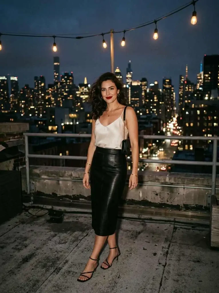 Leather Midi Skirt + Simple Silk Top