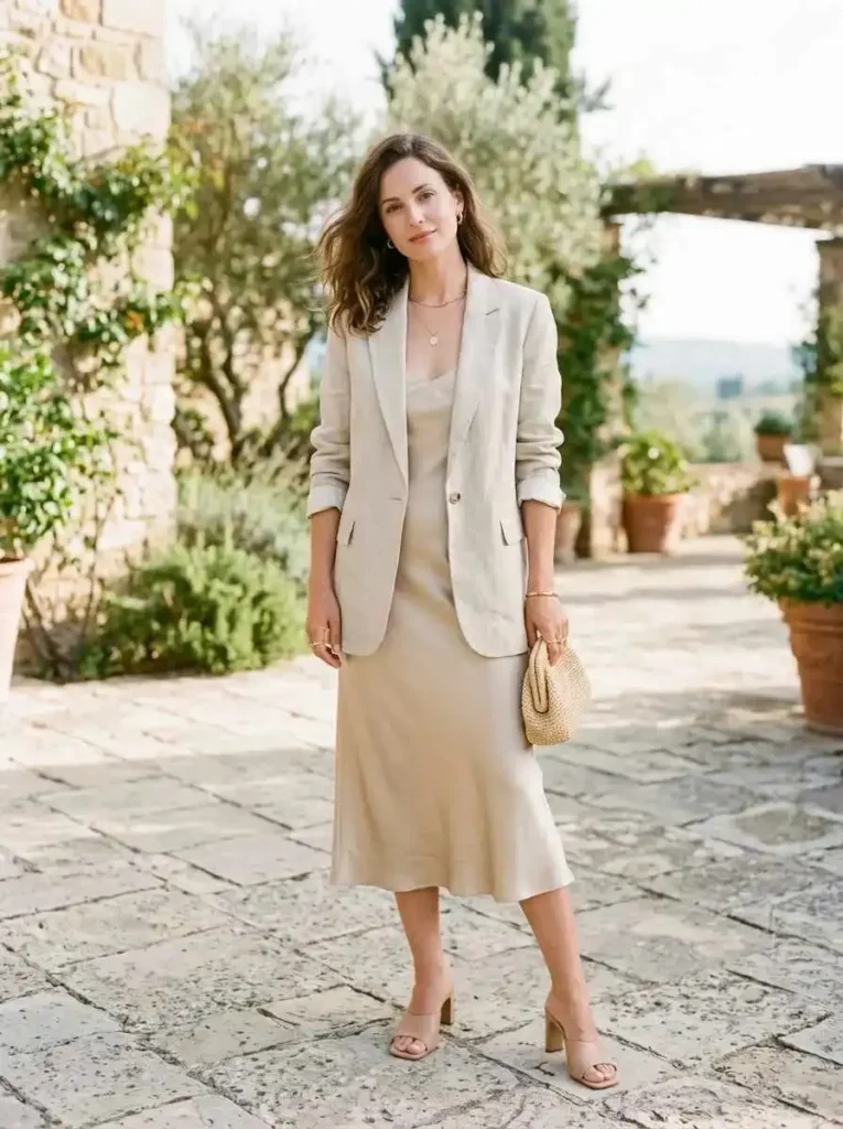 LinenBlazerOveraSilkSlipDress