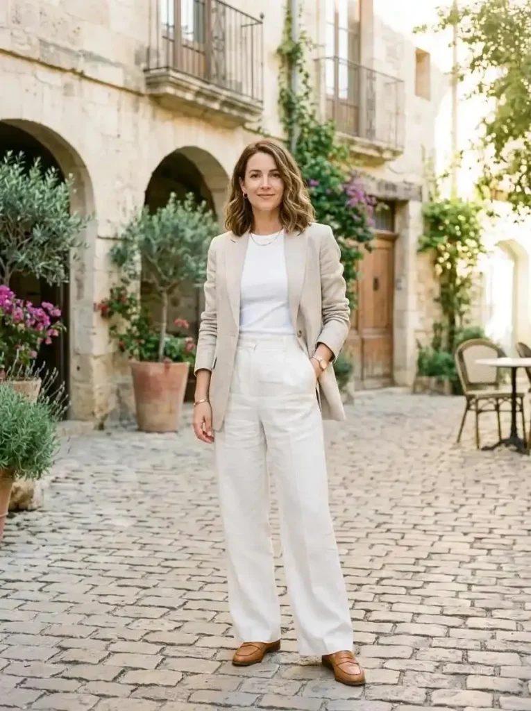 LinenBlazerWhiteTeeWideLegTrousers