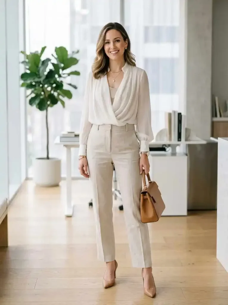 SheerOverlayBlouseTailoredTrousers