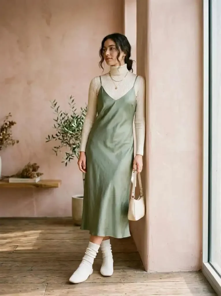 SilkSlipDressFittedRibbedTurtleneck
