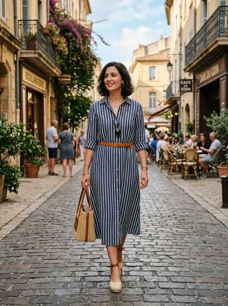 StripedShirtDressBeltedattheWaist