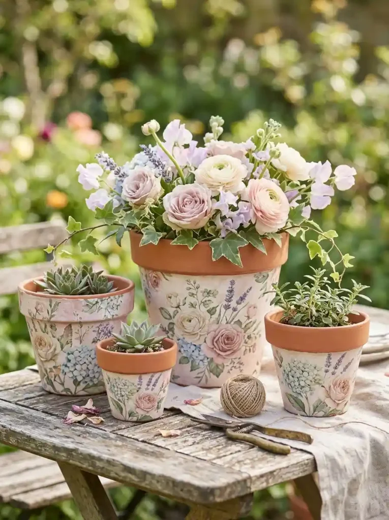 Vintage Floral Decoupage Flower Pots