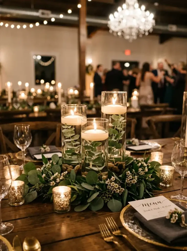 Floating Candle and Eucalyptus Centerpiece