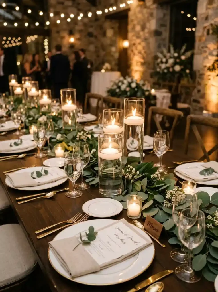 Floating Candle and Eucalyptus Centerpiece