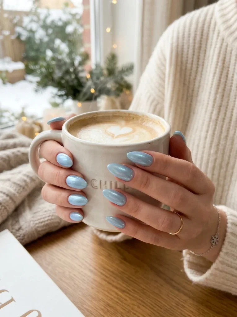 Frosted Ice Blue Almond Nails