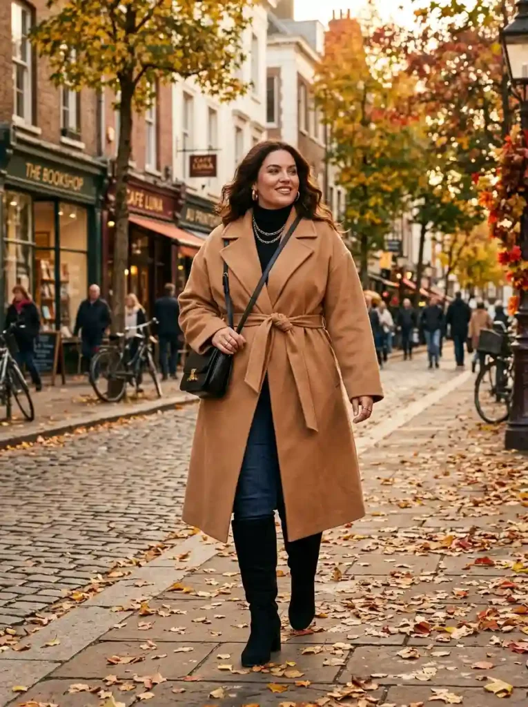 Oversized Camel Coat and Knee-High Boots
