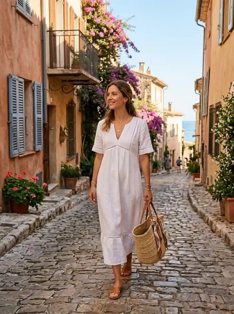 White Linen Dress and Tan Sandals