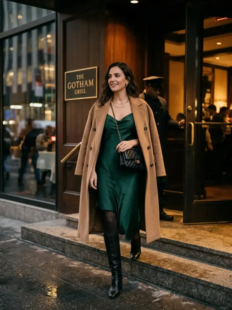 Camel Coat over a Slip Dress