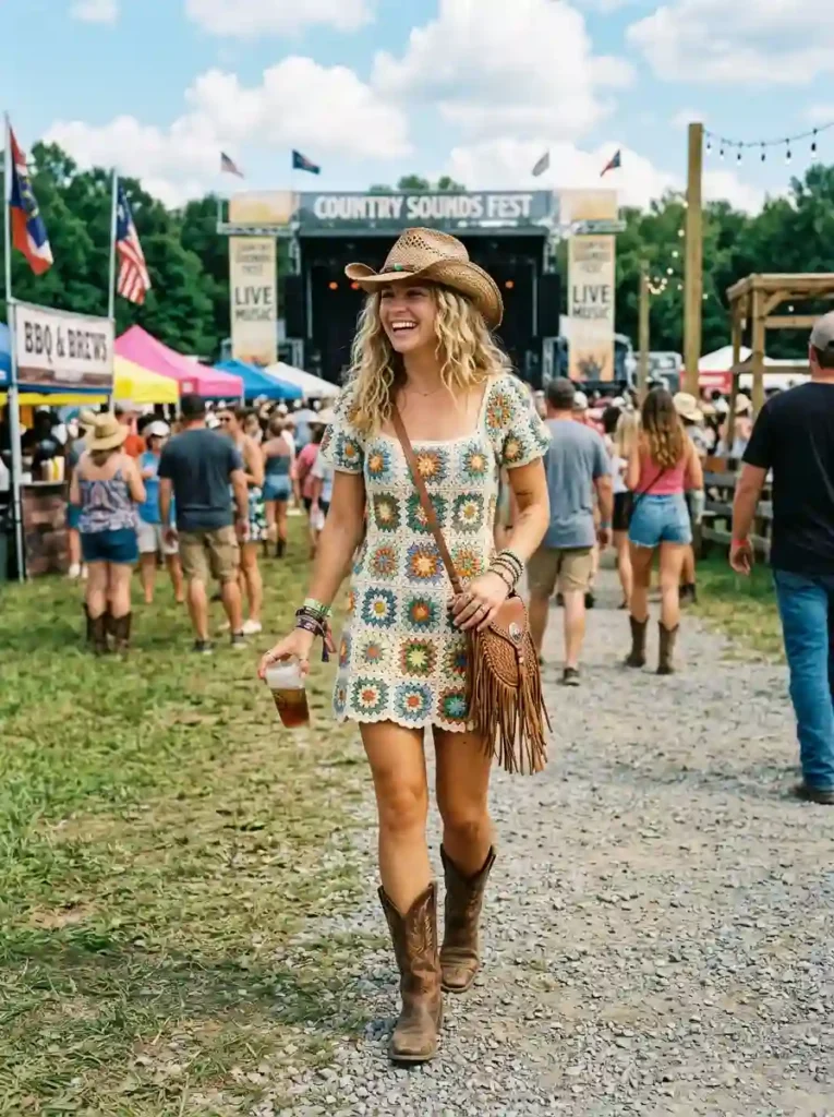 Crochet Mini Dress and Cowboy Boots