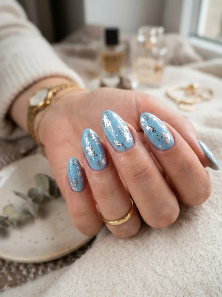Ice Blue and Silver Foil Nails