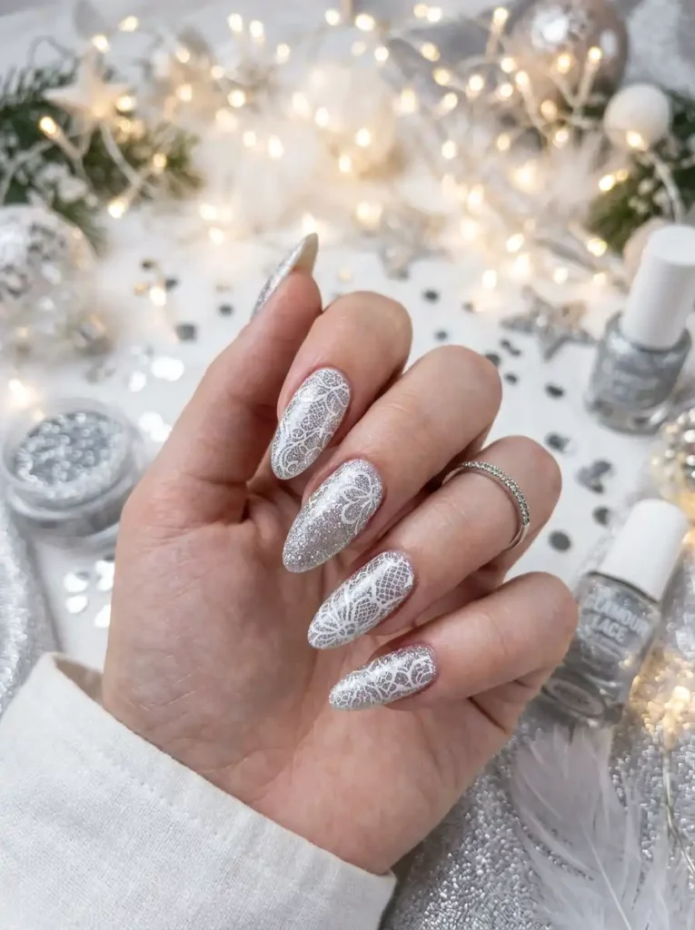 Sheer Lace Nails with Silver Glitter Base