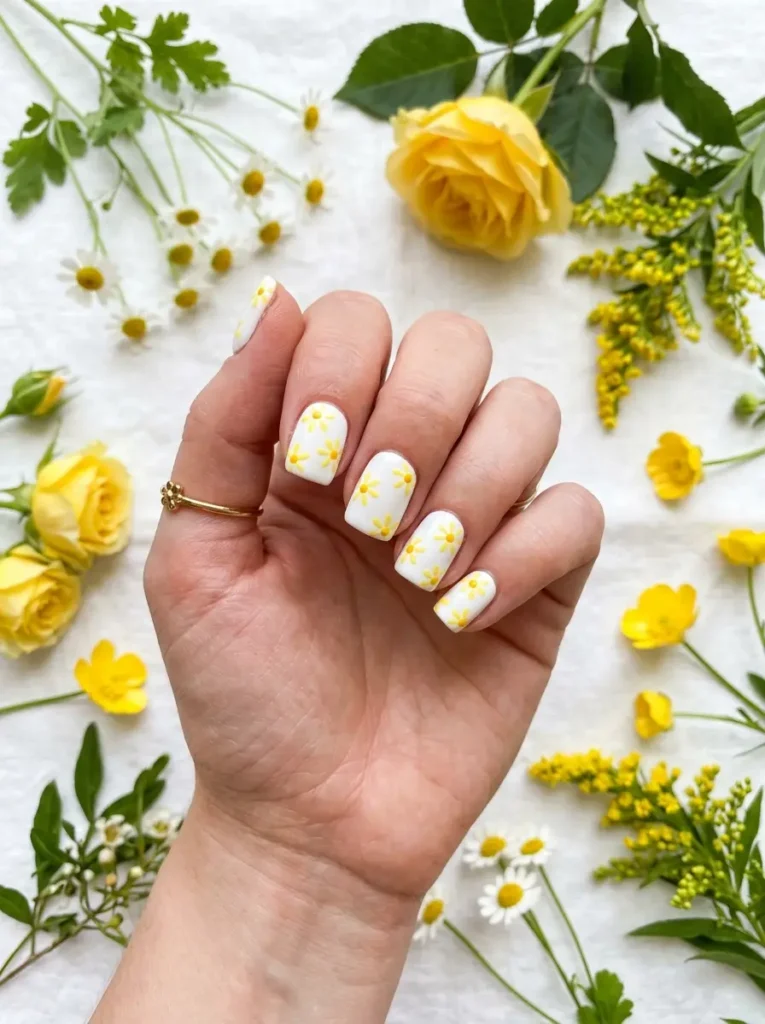 Daisy Nail Art on White Base