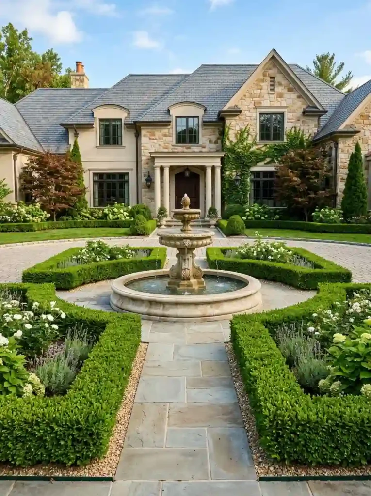 Fountain with Boxwood Borders