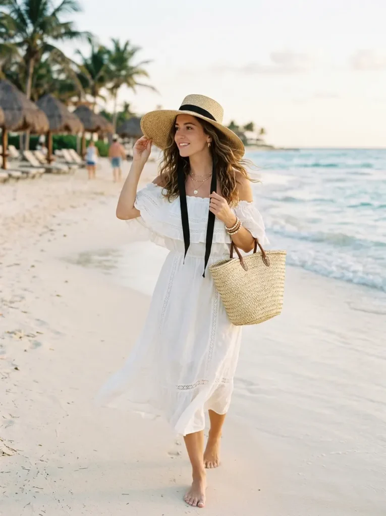 Off-Shoulder Dress and Straw Hat