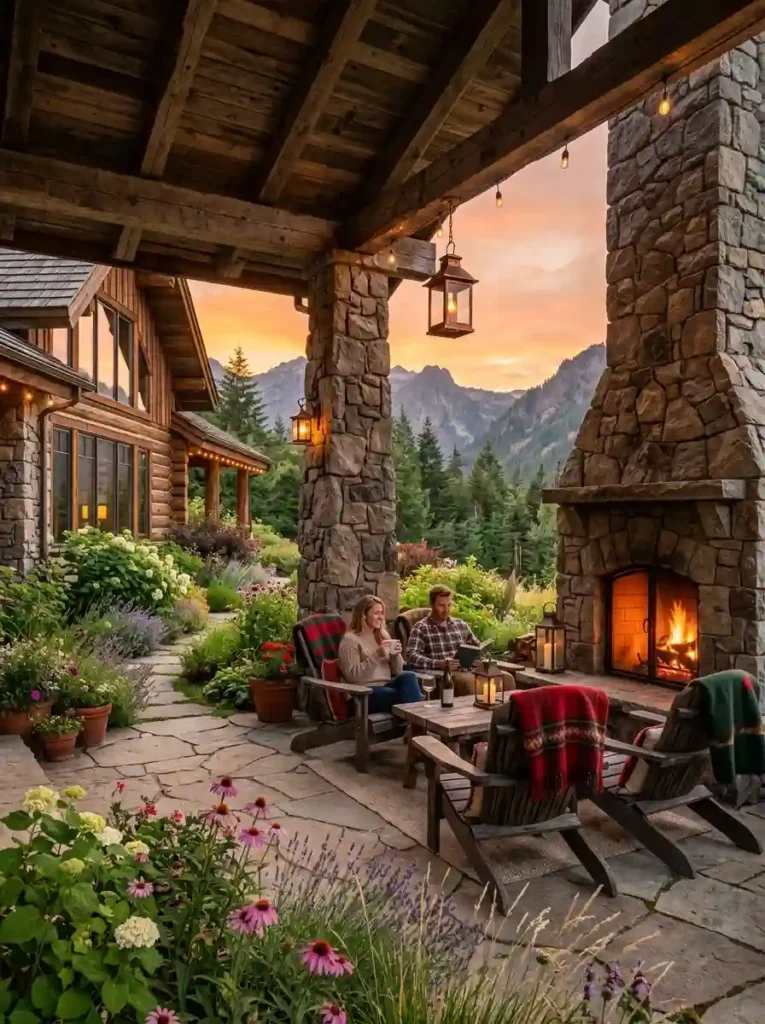 Rustic Stone and Wood Patio Roof