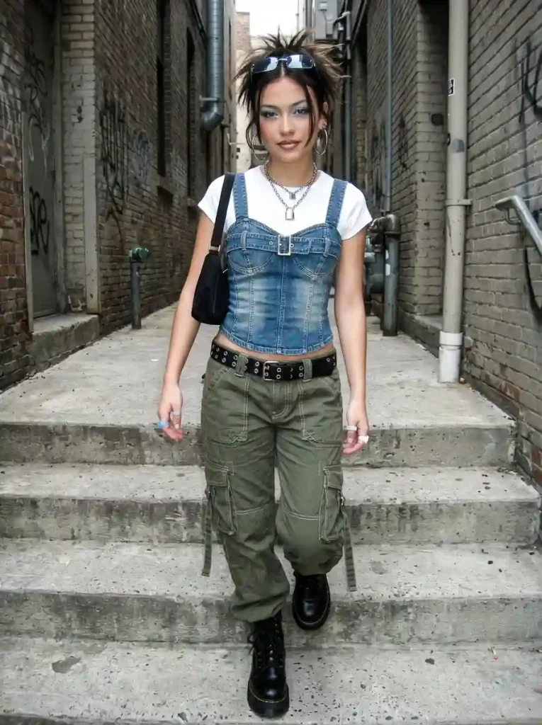 Denim Corset and Cargo Pants