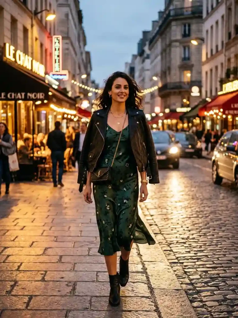Leather Jacket Over a Midi Dress