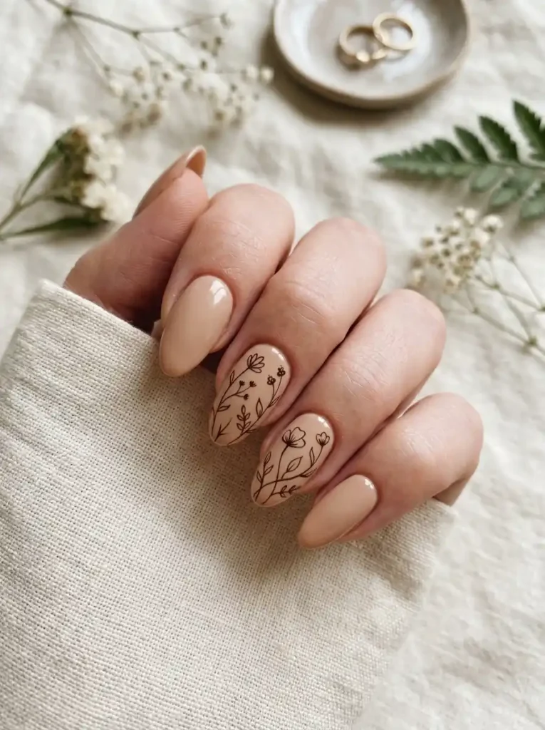Nude Nails with Thin Floral Line Art
